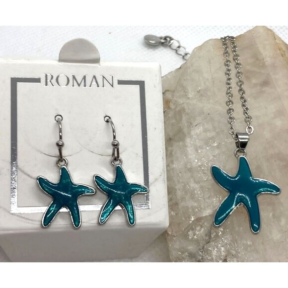 Vintage Roman Blue‎ Enamel Starfish Silver Tone 18-21'' Necklace & Earrings Set - Picture 1 of 7